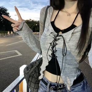 T-shirt feminina estilo coreano y2k suspenso cardigan outono sexy deco