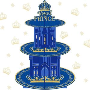 Inne imprezy imprezowe Joymemo Royal Prince Cake Cupcake Stand Blue 3-poziomowy uchwyt na ciasto Royal Prince Birthday Party Dekoracje Baby Shower