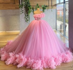 Abiti da ballo rosa chiaro Abiti Quinceanera 2023 Increspature a strati Tulle Donna Sweet 16 Festa formale Robe De Soiree Abiti lunghi eleganti da ballo