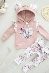 Conjuntos de roupas 2 PCS Bebê Menino Menina Flores Orelha Hoodies Top Moletom Calças Plissadas Roupas Conjunto