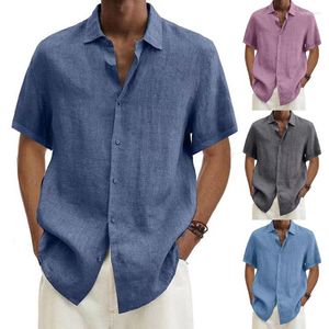 メンズカジュアルシャツ夏のメンコットンリネン半袖シャツラペルソリッドカラートップス男性ボタンルーズファッション