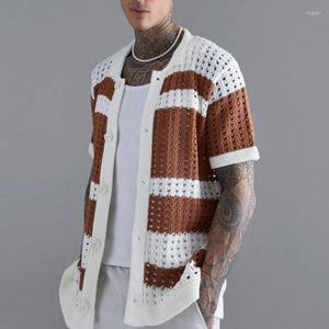 Herren Freizeithemden Herren Geripptes O-Ausschnitt Gestreiftes T-Shirt Top Sommer 2023 Ankunftsknopf Kurzarm T-Shirt für Herrenmode Gestrickt