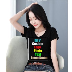 Women's T Shirts Customize Your Picture LOGO Summer Solid Color T-shirt White V-neck Blouse Short-sleeved Cotton Women