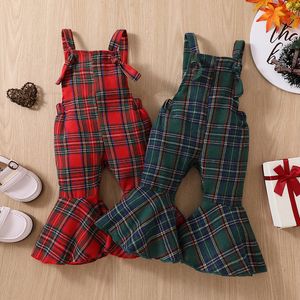 Trousers Celana Suspender Anak Perempuan 1 4tahun Flare Kotak kotak Pinggang Elastis untuk Harian Kasual 230426