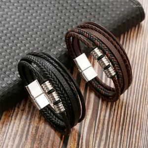 Charm Bracelets Men's Luxury Stainless Steel Beaded Bracelet Fashion Classic Magnet Buckle Multi Layer Woven Leather Jewelry Gift