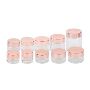 Frosted Clear Glass Jar Cream Bottle Cosmetic Container med Rose Gold Lid 5G 10G 15G 20G 30G 50G 100G Packing -flaskor BWDSX