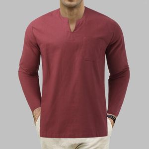 Men's T Shirts Mens Long Sleeve Slim Tie Collarless Pocket Solid Color Cotton Linen Shirt Too