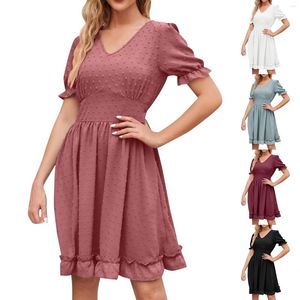 Party Dresses Women Summer Bubble Sleeve V Neck Dress Simple Exquisite Female Elegant A Line Vestidos Temperament Knee Length