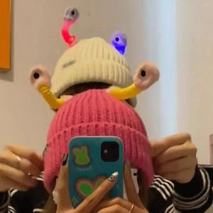 Berets Luminous Led Cute Cartoon Big Eyes Beanies Caps Women Korean Funny Couple Knitted Hat Y2k Fashion Winter Warm Cold Cap For Party