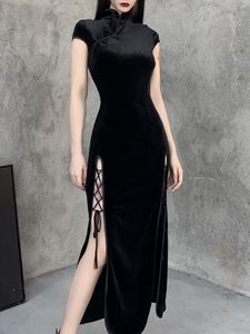 Casual Dresses Goth Dark Romantic Gothic Velvet Eesthetic Vintage Women Black Bandage Slitem Bodycon Dress Sexig Evening Wear Cheongsam 230427