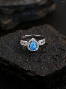 Кольца кластера, женское кольцо из чистого серебра 925 пробы с каплей воды, синим опалом и сияющим цирконом, дизайн особой формы, изысканный стиль