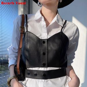 Parkas Stacking Fashion Trendy Women Sexy Sling Female Natural Leather Waist Slim Tube Top Mujer Buttons Punk White Vest Short Shirt