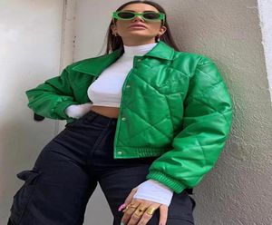 Women039s Trench Coats Pu Leather Short Puffer Coat Women Green Lapel Button Up Fashion Croped Jacket 2023 Långärmad ins thi1555054