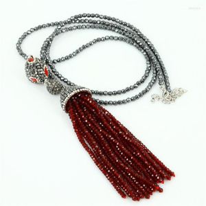 Pendant Necklaces Bohemia Wine Red Glass Beaded Tassel Natural Black Hematite Beads Chain Rhinestone Connector Necklace For Women