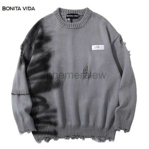 Men's Hoodies Sweatshirts Oversize Pullovers Ripped Sweater For Men Autumn Harajuku Style Y2K Couple Knit Jumper Vintage Knitted Man Punk Gothic Clotheszln231128