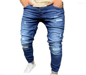 Men039s Jeans Men039s Herren Ripped Skinny Blue Slim Fit Loch Bleistift Mid Denim Ausgefranster Saum Lässige Stretch Enge Hose5375284