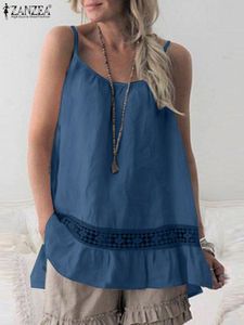 T-shirt Summer Tanks Tops 2022 Zanzea mode Kvinnor Stylish Lace Crochet Rems Hollow Out Blue Casual Beach Shirt Cotton Camis Blusas