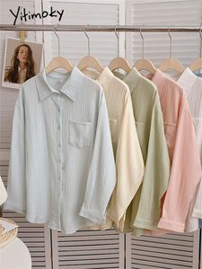 Gömlek Yitimoky Sıraslı Gömlek Kadın Düğme Bluzlar 2022 Büyük boy gevşek üstler Yatak Uzun Kollu Ofis Bayanlar Beyaz Gömlekler