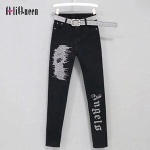 Jeans High Strecth Vintage Black Lettlers Diamonds Denim Pants Slim High Wasit Pencil Blue Jeans For Women Streetwear Trousers 2xl