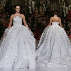 Classic Strapless Wedding Dresses Ball Gown Elegant Sleeveless Applique Sequined Lace vestidos de novia Custom Made