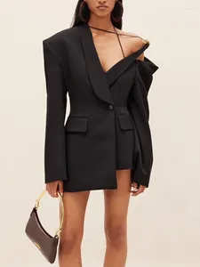 Women's Suits Individuality Blazers Women Lapel Long Sleeve Off Shoulder Patchwork Button Solid Blazer Female Spring 2023 Style