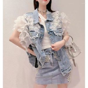 Women's Vests Spring/Autumn Heavy Industry Beads 3D Flower Ruffle Edge Flying Sleeves Denim Coat Women Tops Loose Sleeveless Vest Female