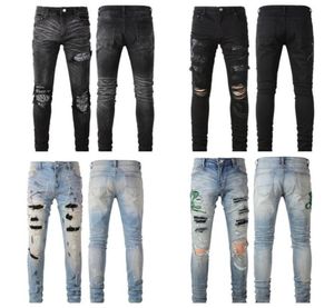 Herren Jeans Distressed Motorrad Biker Jean Rock Skinny Slim Zerrissenes Loch Patchwork Regular Skinny Designer Top High Denim Schwarz Pa1744655