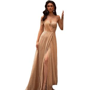 JEHETH Gold Sexy Glitter Shiny One Shoulder Evening Dresses Sweetheart Side Slit Backless Cocktail Party Gown Floor Length