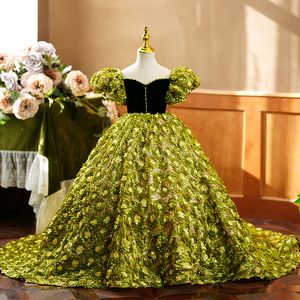 2023 new green Flower Girl Dresses princess Ball Gown 3D hand made flowers Lace Appliques Beads With sweep train Kids Girls Pageant Dress Piano costume Birthday Gowns