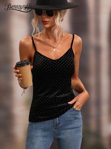 TシャツBenuynffy Vneck Diamonds Black Cami Top Women Fashion Sexy Spaghetti Strap Vest女性秋の冬のバックレスパーティートップ