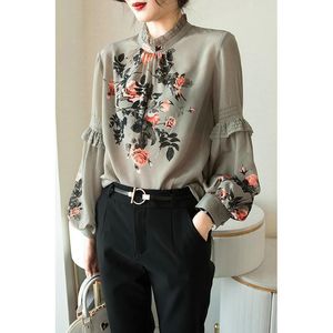 T-Shirts 2022 Spring And Autumn New Imitation Silk Shirt Women's Allmatch Printing Blouse Lantern Sleeve Leisure