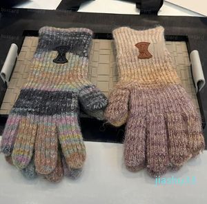 Designer Kontrast Färg Fem fingrar Chic vinter Varma stickade handskar för kvinnor med boxpaket