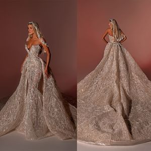 3D-Lace CRYSTAL Mermaid Prom Dresses Sexy Lllusion Deep V-Neck Ball Gown Plus Size Brush Train Bridal Gowns Dress Customized D-H23769