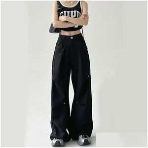 Calças femininas capris zoki y2k preto carga mulheres vintage solto perna larga plissado calças de cintura alta streetwear coreano chique casual straigh dh6x1