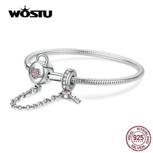 Łańcuch Wostu 100% 925 Sterling Srebrny Serce Klucz Bracelets Bracelets Różowa Bieczek Charm Carmer For Women Silver 925 Biżuteria CQB143 231128