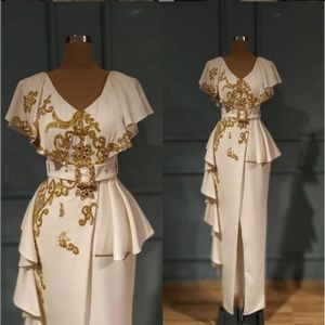 Saudi Arabia Gold Appliques Beads Mother's Dresses 2023 Stain Cap Sleeve Mother of the bride groom Gown Robe De Soiree