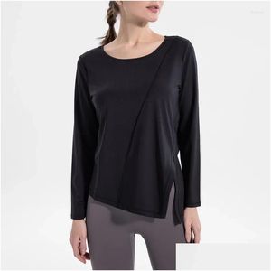 Mulheres T-shirt Camisetas 2023 Outono e Inverno Cor Sólida Manga Longa Slim High Elastic Ladies Casual Sports Fitness Slit Drop Delive Otbeo