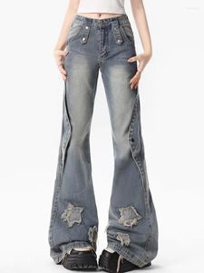 Jeans da donna Pantaloni blu a vita alta con toppa a stella micro svasata Pantaloni casual a ferro di cavallo Pantaloni giapponesi vintage Versatili