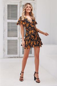 Skjortor Kvinnokläder sommar Ny sexig Vneck Floral Dress