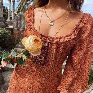 Elbise Vintage Boho Fırfır Elbise Kadın Bel Kravat Katmanlı Çiçek Baskı Yeni Pamuk Maple Maxi Elbise Çingene Sonbahar Partisi Plaj Giyim