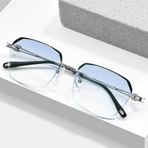 Sunglasses Vazrobe Rimless Men Eyeglasses Frame Male Glasses Frameless Trimming Tint Gradient Blue Grey Brown Prescription Spectacles