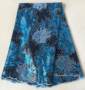 Tyg Navy Blue Turquoise Shiny French Lace African Lace Fabric With Allover Sequins Beads Top Grade 5 Yards High Quality