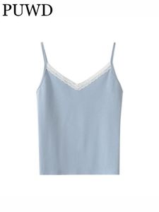 Camis PUWD Women Blue Retro Lace Slim Backless Camisole 2022 Summer Fashion Ladies High Street Girls Knitted Solid Color Top