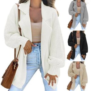 Damenjacken Damenmantel Damen Einfarbige gemütliche Strickpulloverjacke mit Laternenärmeln Taschen Revers Warmer Herbst/Winter für