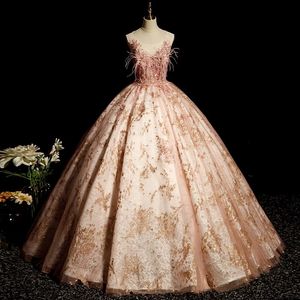 new Arabic pink Wedding Dresses feather Crystals Sheer Long ball gown shiny Lace Beaded Ball Gown vestido de novia Bridal Dress crystals Lace Up Plus Size bridal gowns