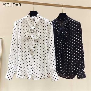 Kadınlar bluz gömlekleri sonbahar moda kadınlar şifon gömlekleri uzun kollu polka nokta papyon kadınları bluzlar gündelik stant yaka kadınlar p230427