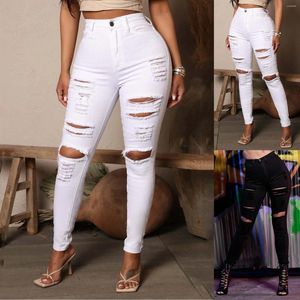 Women's Jeans Black White Stretch Holes Leggings Pants