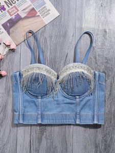 Camis Sıcak Satış Kadın Seksi Tasarımcı Denim Kristal Elmaslar Tassel Camisole Üstler Yaz 2022 Kısa Sahne Kostümleri Partisi Camis Crop Tops