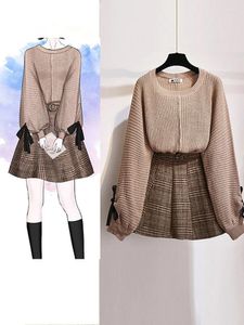 Fatos femininos outono inverno quente duas peças conjunto manga longa malhas camisola tweed lã xadrez mini shorts saias coreano casual