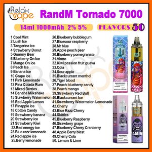 Authentischer RandM Tornado 7000 Puff Einweg-Vape-Stift, 7k elektronische Zigaretten, 14 ml Pod-Mesh-Spule, 6 leuchtende Farben, 2 % 5 % Geschmacksrichtungen, wiederaufladbares, luftverstellbares Gerät